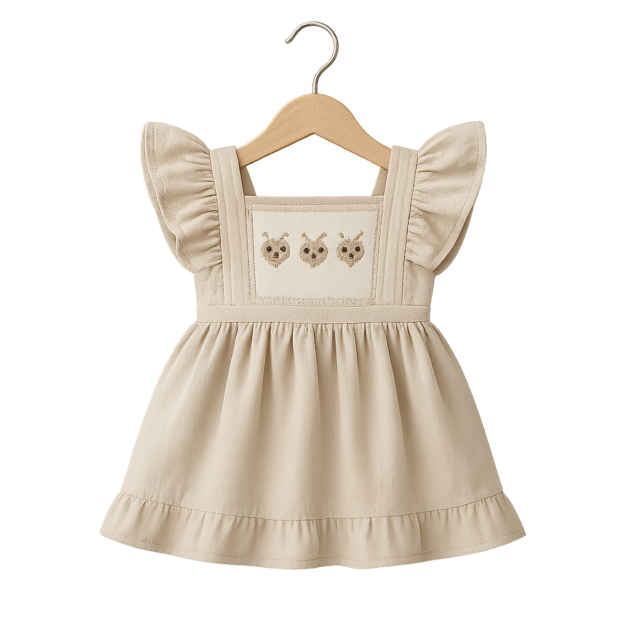 Embroidered Owl Ruffle Dress | Cozy Beige