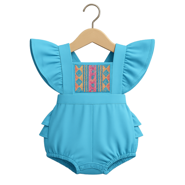 A bright blue baby jumper or romper with ruffled flutter sleeves and an intricately embroidered multicolored panel on the chest featuring geometric and floral patterns. It hangs from a wooden hanger.