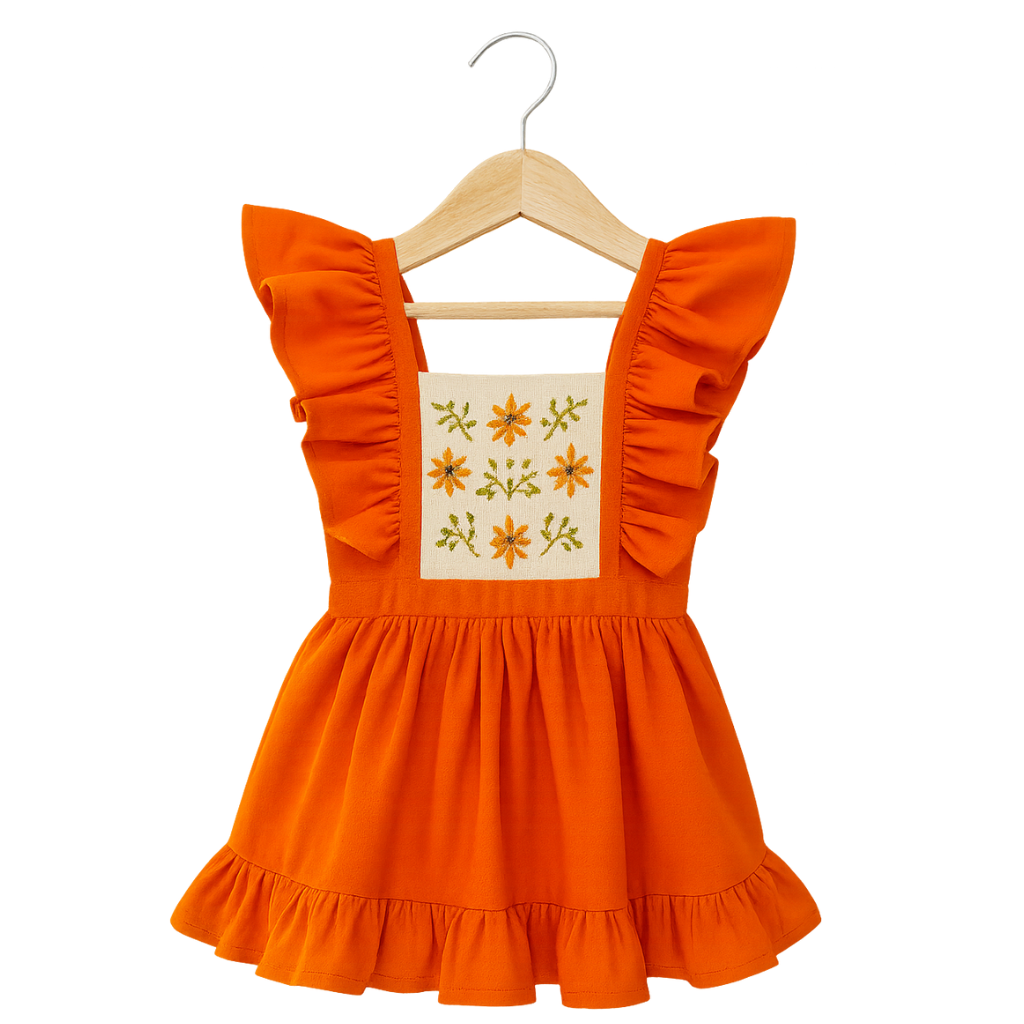 Embroidered Floral Ruffle Dress | Sunny Orange