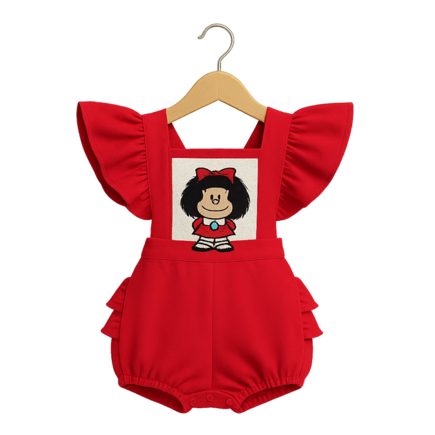 A red baby jumper with ruffled sleeves, a tiered ruffle bottom, and a patch on the chest with a character that looks like Mafalda, wearing a red dress and a red bow